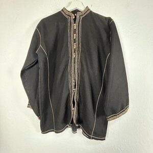 Womens Black Geometric Embroidered Shirt Jacket Artisan Knot Button Lightweight